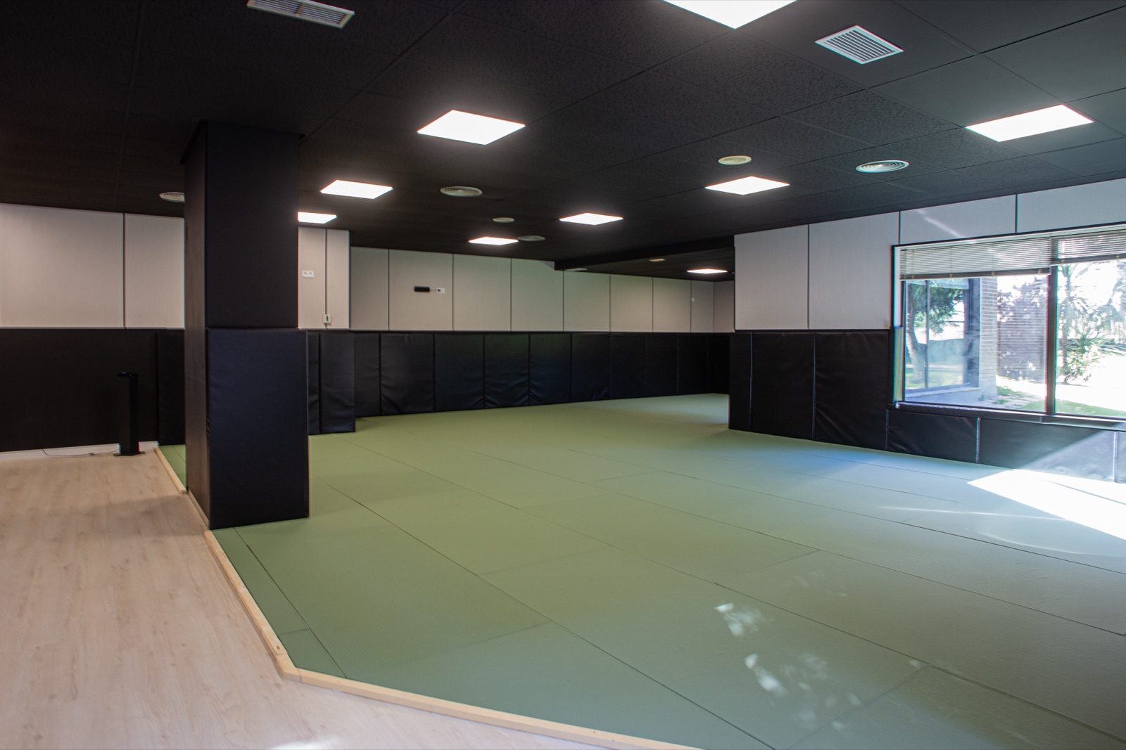 Sala de entrenamiento de NEKO con amplio tatami verde y protecciones en las paredes
